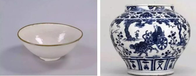 元代以后，青花瓷（右）逐漸取代了定瓷（左）